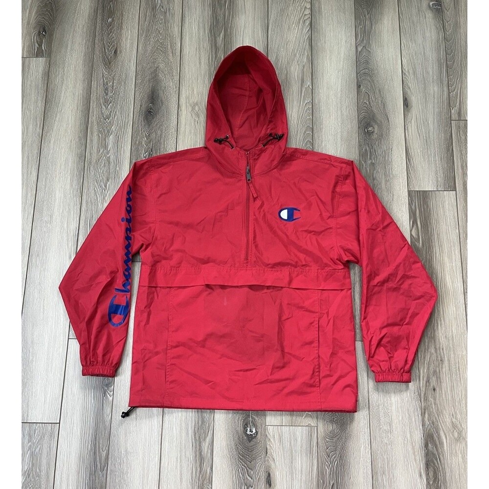 Champion Windbreaker Jacket Men’s Red Hooded Half Zip Anorak Size Medium